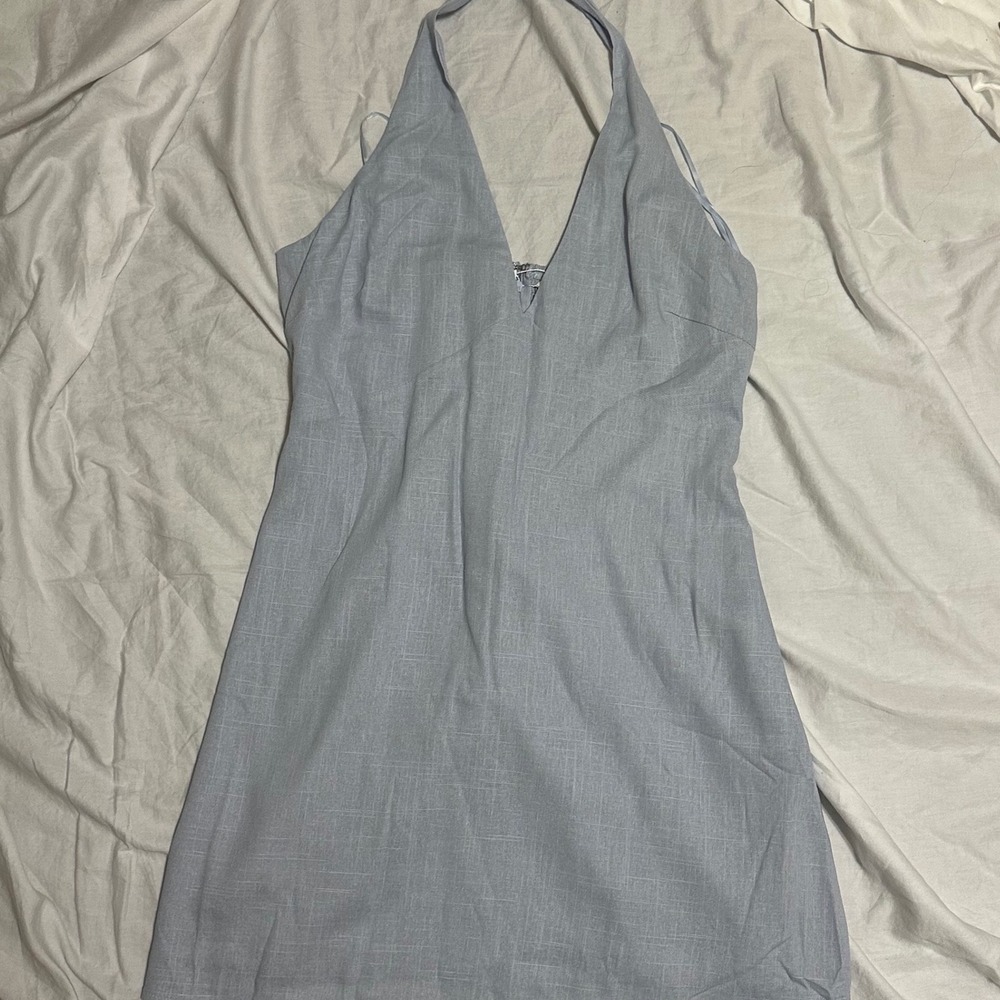 12th Tribe Halter Mini Dress Women XL Light Blue New V-Neck Open Back Textured‎